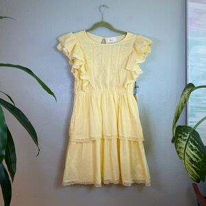 Japna Butter Yellow Swiss Dot Ruffled Cap Sleeve Lace Trim Tiered Mini Dress L